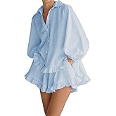 Xfileen Women Ruffle 2 Piece Sets Long Sleeve Button Down Shirts and Shorts Fashion Stripe Sweatsuit Sets