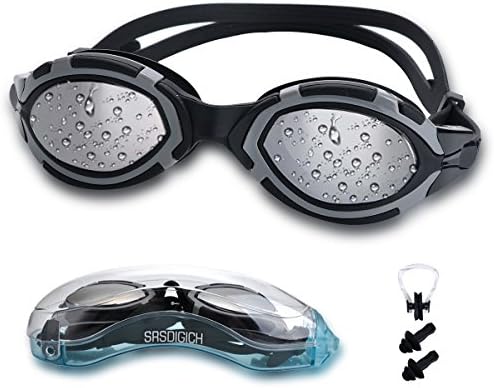 Swim Goggles, Swimming goggles, SRS DIGICH Professional Swim Goggles with Anti-Fog No Leaking UV Protection and Ear Plugs Nose Clips for Adult Women Men Youth Kids Children Competition Team Gray
