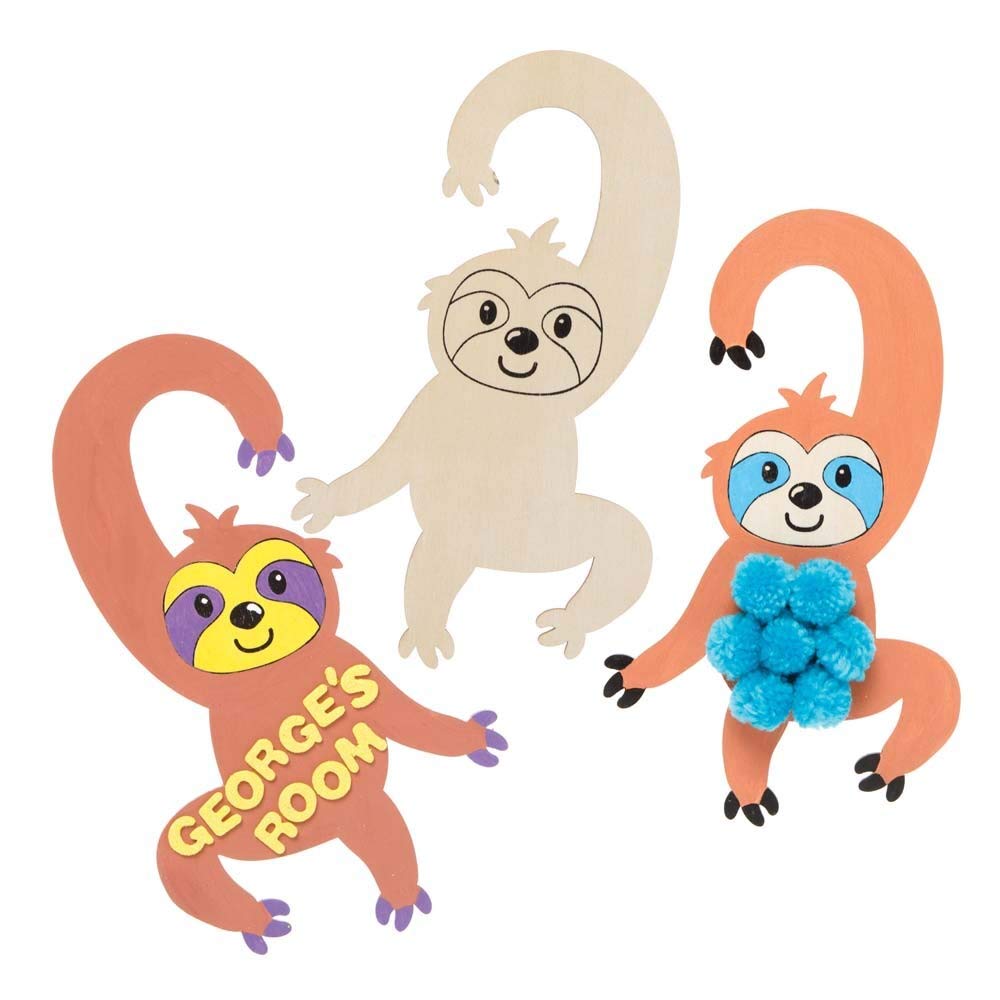 Baker Ross FE428 Sloth Colour-in Wooden Door Hangers - Pack of 4, Wooden Crafts for Kids to Decorate and Display