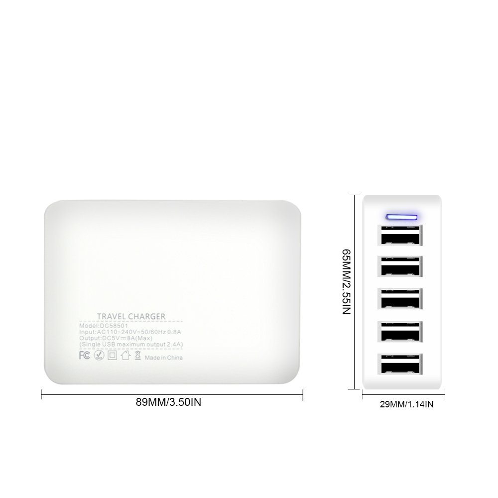 Travel Wall Charger,POWERIVER USB Wall Charger Desktop Charging Station 40W 8A 5-Port High-Speed Charging with iSmart Technology Each Port Max 2.4A