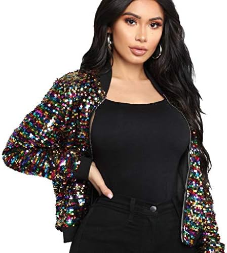 Women Sequin Jacket Long Sleeve Sparkly Zipper Front Blazer Bomber Jacket Casual Blouse Coat