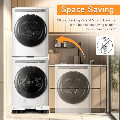 NIUXX Universal Connecting Frame and Base for Dryer and Washing Machine, Adjustable in Size with Ratchet Cable and Transport Wheels with Brake for Washing Machines and Dryers, Space Saving