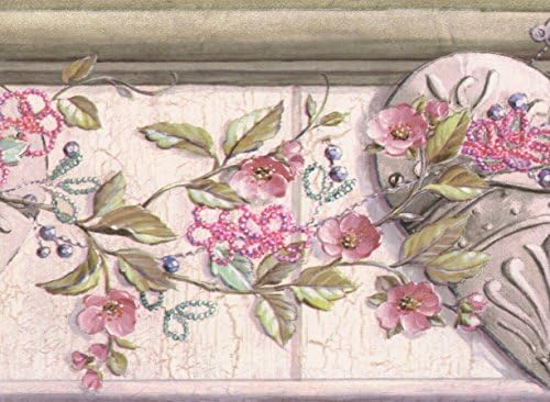 Pink Flowers on Vine over Hearts Vintage Wallpaper Border Retro Design, Roll 15' x 6''