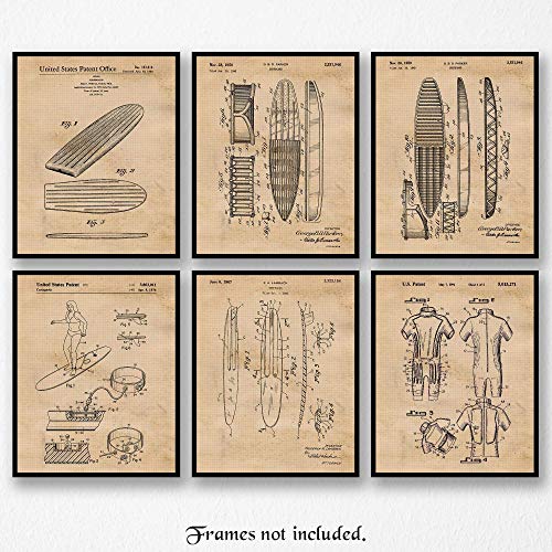 Original Surfboard Patent Art Poster Print- Set of 6 (Six 8×10) Unframed Pictures- Great Wa ...