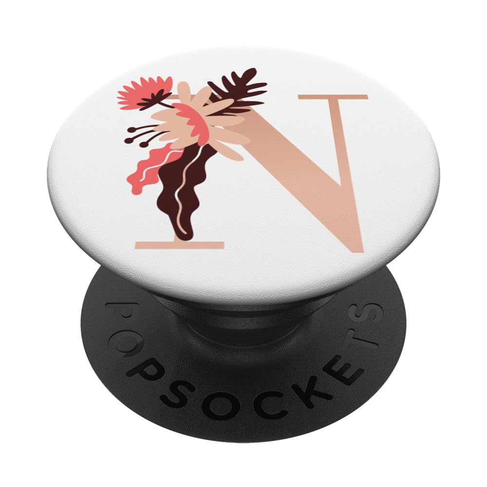 Letter N Initial Monogram Rose Flower Pink Floral Gift PopSockets Swappable PopGrip