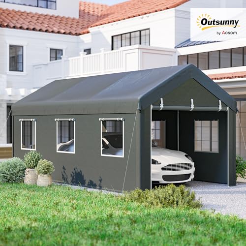 Outsunny 10' x 20' Carport Portable Garage Heavy Duty, Dark Grey | Car Port Canopy, 2 Roll-up Doors, 6 Ventilated Windows, for Car, Truck, Boat, Garden Tools