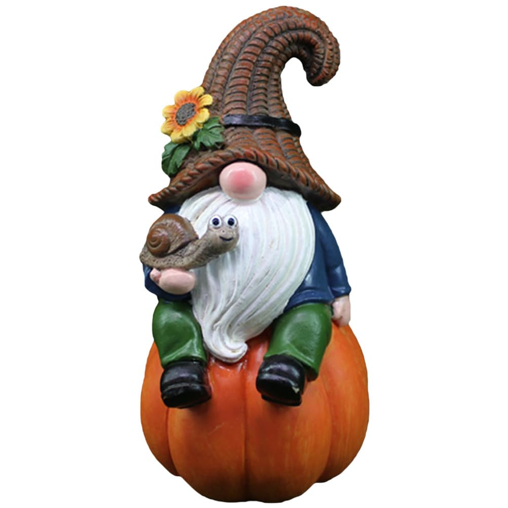 ORFOFE Garden Gnome Figurine Sitting on Pumpkin Autumn Harvest Resin Statue Decorative Gnome Ornament for Indoor Outdoor Yard Decor