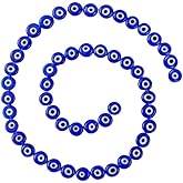 NBEADS 1 Strand About 49pcs 8mm Blue Flat Round Handmade Evil Eye Lampwork Beads Charms Spacer Beads fit Bracelets Necklace Jewelry Making