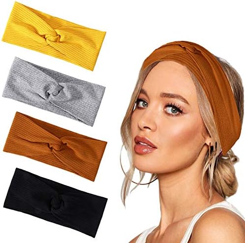 4pcs Headbands for Women Vintage Elastic Floral Turban Headband Twisted Head Wraps Ladies Stretchy Cross Knot Hairband Hair Accessories (Solid Color)