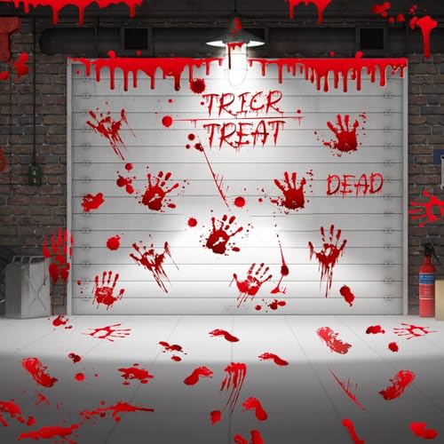 136Pcs Halloween Decorations Indoor, Scary Bloody Handprints Wall Decals Pumpkin Eyeballs Skull Window Stickers with Tattoos for Home Bedroom Floor Bathroom Door Decor (Red Handprints Footprints)