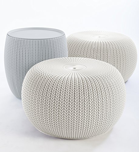 Keter 234242 Urban Knit Pouf Set with Storage Table, Cloudy Grey/Oasis White