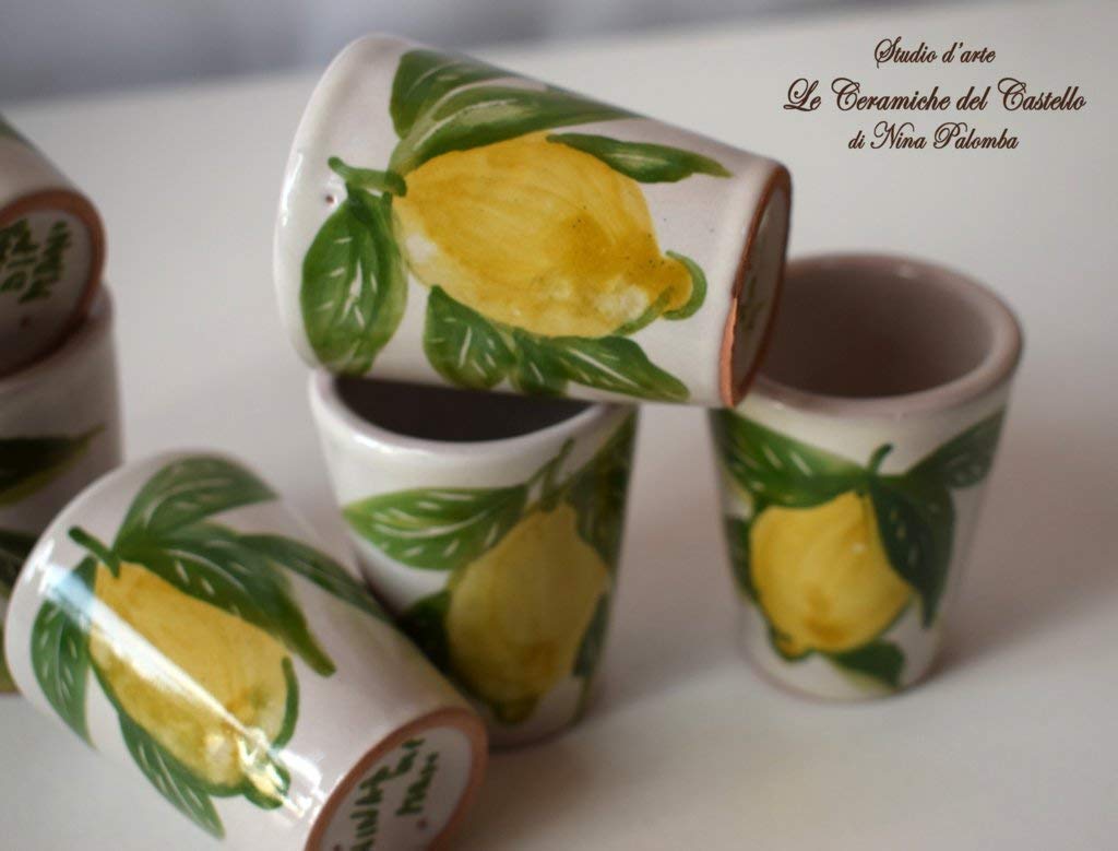 n. 6 Limoncello Glasses Lemon Line Decorated Unique Manufact Handmade