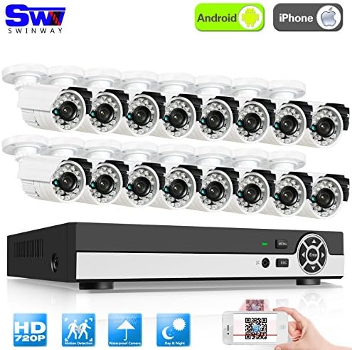 SW Swinway HD 720P 16CH Video Security System 16 1800TVL 1.0Megapixel Weatherproof IP66 Bullet Cameras, IR LED Night Vision, AHD Analog/BNC, Smartphone View
