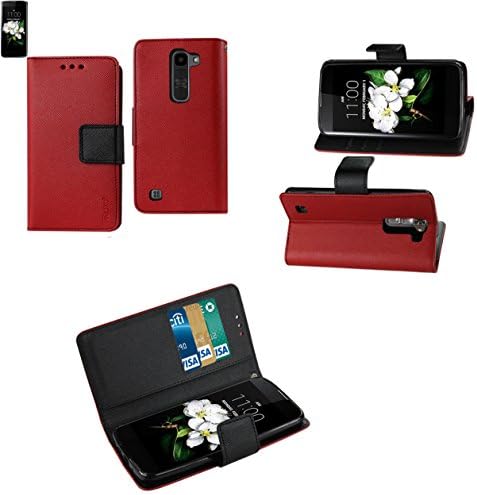 (RED) HYBRID WALLET CASE FOR LG M1 / LG K7 / LG Tribute 5 -Leather cover+Polymer soft case - Retail Packaging+New SNK Microfiber cloth