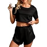 Karnigafan Black Pajamas for Women Short Sleeve Pajamas Set Solid Color Slit Shorts Pj Comfy Lounge Sets for Woman Crop Top