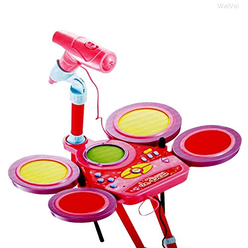 WolVol (PINK) Kids Fun Electronic Drum Set with Singalong Microphone