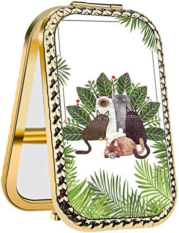 Specialized Design Rectangle Golden Funny Cat Leaves Portable makeup mirror, Travel Compact Portable Pocket Folding Makeup Vanity Cosmetic Mirror for Women