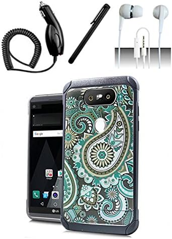 LG V20 Case [Shoparound168] Teal Paisley Design Hybrid Dual Layer Cover + Car Charger + Stylus Pen + Stereo Earphone