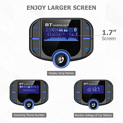 HiGoing Bluetooth FM Transmitter for Car, Wireless Radio Adapter Receiver with QC3.0 USB Ports, 1.7 Inch Disply and Hand-Free Calling, Suport TF Card, AUX Output/Input
