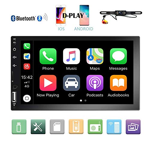 Camecho Double Din Car Stereo 7'' 1080P HD Touch Screen D-Play Universal Car Multimedia Player Support Android and iOS Mirror Link with Bluetooth/FM/USB/AUX/RCA/Rear View Camera+License Plate