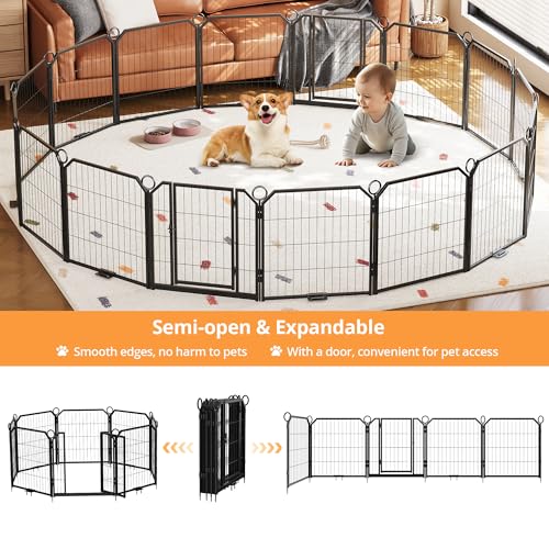 Garvee Dog Playpen 32 Inch 16 Panels Pet Pen with Door & Ground Stakes, Heavy Duty Steel Exercise Fence, Foldable Portable Puppy Playpen for Indoor Outdoor Yard RV Camping, Small Medium Dogs