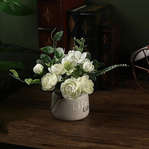 LSWattarck Artificial Rose Silk Flowers with Gray Ceramic Pot with Hanging Handle- Bouquet of Wedding Plant Arrangements and Home Decoration(White)