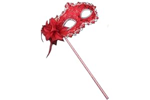 AZYOUNG Women's Masquerade Masks Side Feather Flower Petal Hand Held Lace Mask with Stick
