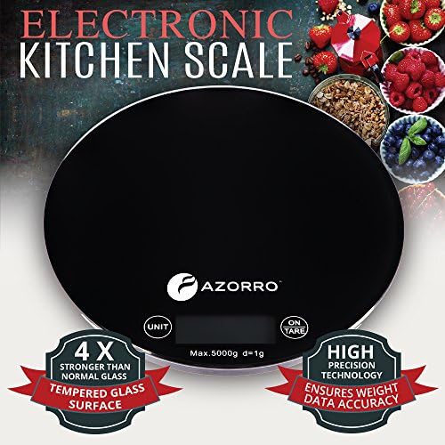 Kitchen Digital Food Scale By Azorro - Premium Electronic High Accuracy 11lb/5kg Perfect for Weighing & Portion Control All Liquid & Dry Ingredients - Very Strong Tempered Glass - Large LCD Display