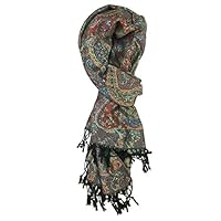 Plum Feathers Tapestry Ethnic Paisley Pattern Pashmina Scarf (Black Multi Tapestry)