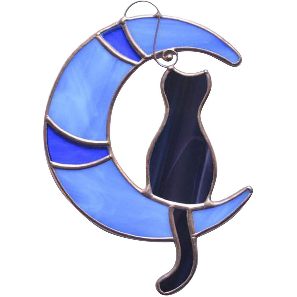 ISAKEN Stained Glass Panels Cat On The Moon, Stained Glass Cat Hanging Ornament, Home Decor Stained Glass Window Pendant Sun Catchers, L