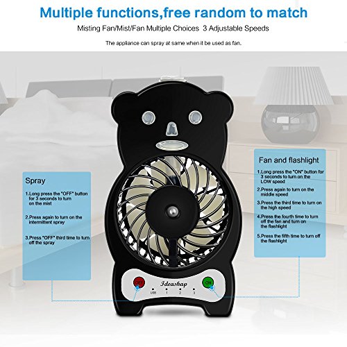 Ideashop Handheld Misting Fan Mini USB Fan Mini Desk Fan with Personal Cooling Mist Humidifier Rechargeable Battery 3 Speeds, 1 Led Light Portable Fan Outdoor Fan (Black)