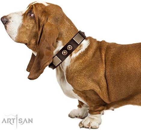 21 inch FDT Artisan Brown Leather Dog Collar with Old Bronze-Plated Studs and Plates - "Sense of Freedom" - 1 1/2 inch (40 mm)