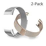Tecson Small Bands Compatible Fitbit Charge 2, 2PCS Milanese Metal Stainless Steel Replacement Wristband with Magnet Lock for Fitbit Charge 2, Champagne Gold and Silver