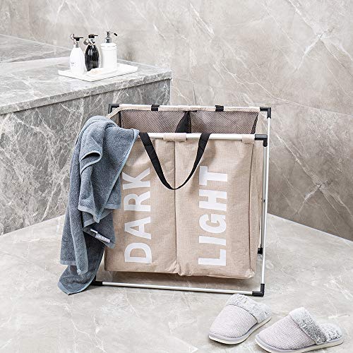 Hosroome 2 Sections Laundry Hamper Laundry Baskets with Aluminum Frame (24"x 15"x 23") Dirty Clothes Bag for Bathroom Bedroom Home College Use,Beige