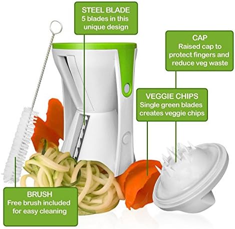 NEWINHOME NEW DESIGN Spiralizer - 5 Blade Spiral Slicer -Handheld Vegetable Spiralizer - FREE brush - Zucchini Noodle Maker - Vegetable Cutter-Spiralizer 4 Plus 1