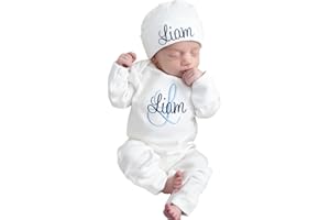 Personalized Baby Coming Home Outfit Custom Embroidered Name Romper & Hat Set | Soft Newborn Boy Outfit | Long Sleeve Sleepwe