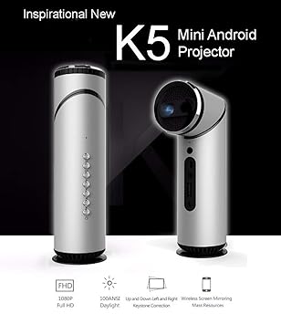 Wzatco K5 1800 Lumens Mini LED DLP Projector 1080P for Home Cinema, Business, Wireless, Screen Share, Android, HDMI, 90