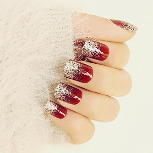 Set of 24 Bridal False Nails Black with Silver Powder Medium Long Sections Fake Nail Tips Nail Strips with Adhesive Tab for women and girls