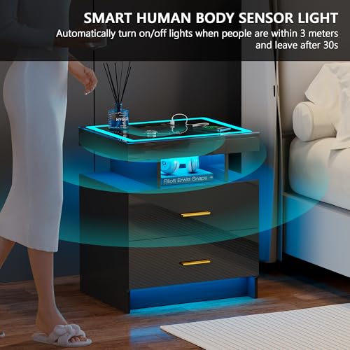 Gurexl Bedside Table with Charging Function, Nightstand with Glass Top and LED Lights, Modern Bedroom Furniture with Two Drawers and Wireless Charging for Bedroom, Living Room, Office, Black