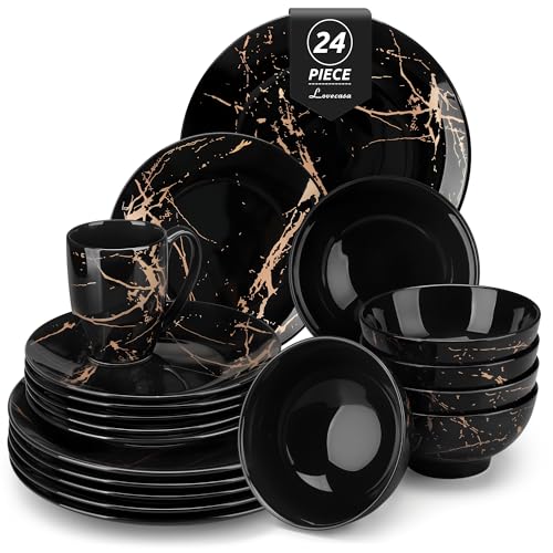LOVECASA Daphne - 6 Person Dinner Set Plates, Modern Complete Porcelain Tableware, 24 Pieces (Flat Sides, Dessert Bowls, Cereal Bowls, Cups) - Black & Gold Design