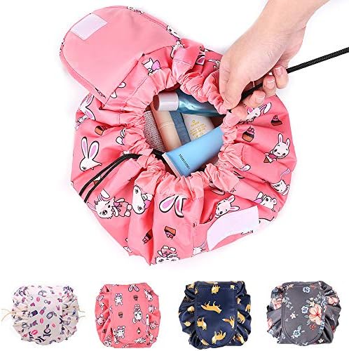 Drawstring Cosmetic Bag Travel Makeup Bag Lazy Quick Makeup Bag,Cute Portable Waterproof Travel Cosmetic Bag for Storage Organizer with Large Capacity for Women and Girls-(Pink Bunny)