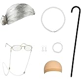 Joizomou Old Lady Costume for Kids Women Grandma Wig Kids Old Lady Wig and Glasses, Granny Wig Old People Walking Cane, Faux Pearl Bead Necklace Grandma Costume for 100 Days of School Costume Parties