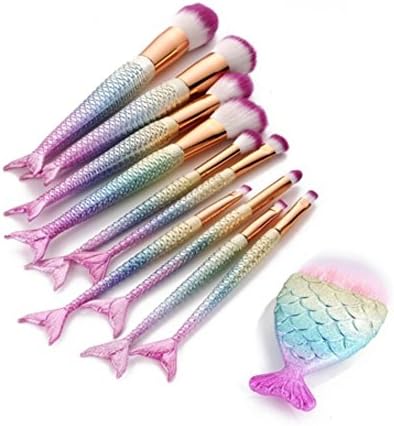 Bohol 11pcs Mermaid Makeup Brushes Fish Scale Fishtail Bottom Powder Foundation Blush Contour Cosmetic Brush (golden-violet)