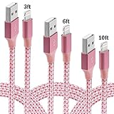 iPhone Cable,XUZOU Lightning Cable 3Pcks 3FT,6FT,10FT Charger to USB Syncing and Charging Cable Data Nylon Braided Cord for iPhone 7/7 Plus/6/6 Plus/6s/6s Plus/5/5s/5c/SE and more(Pink&White)