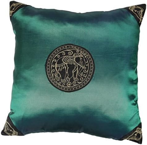 Royal Asian Elephant -18x18 Inches, Embroidered Royal Asian Elephant Decorative Silk Pillow Cover. (Teal Green)