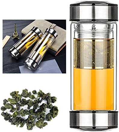 Tea Heart(R) Tea Travel Mug with Removable Stainless Steel Infuser Glass Double Walled Thermos Glass Tea and Coffee Tumbler + 25g Tea Heart(R) Taiwan Supreme AliShan High Mountain Oolong Tea (420ML)