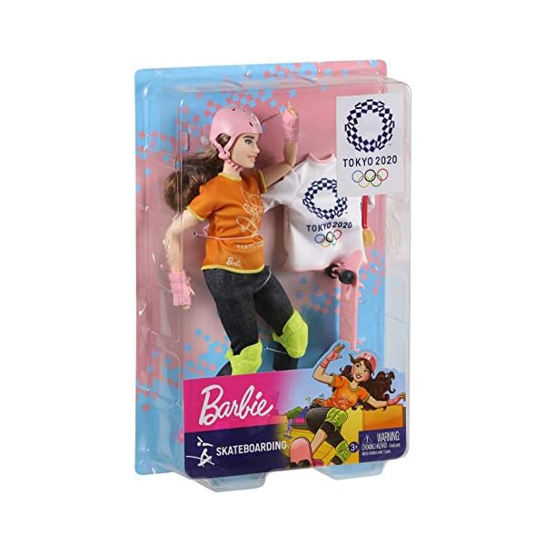 Barbie GJ78 - Olympische Sommerspiele Tokyo 2020 Skateboarderin Puppe mit Outfit, Tokyo 2020-Jacke, Medaille, Skateboard, Handgelenk- und Knieschonern,Spielzeug für Kinder ab 3 Jahren – Bild 5