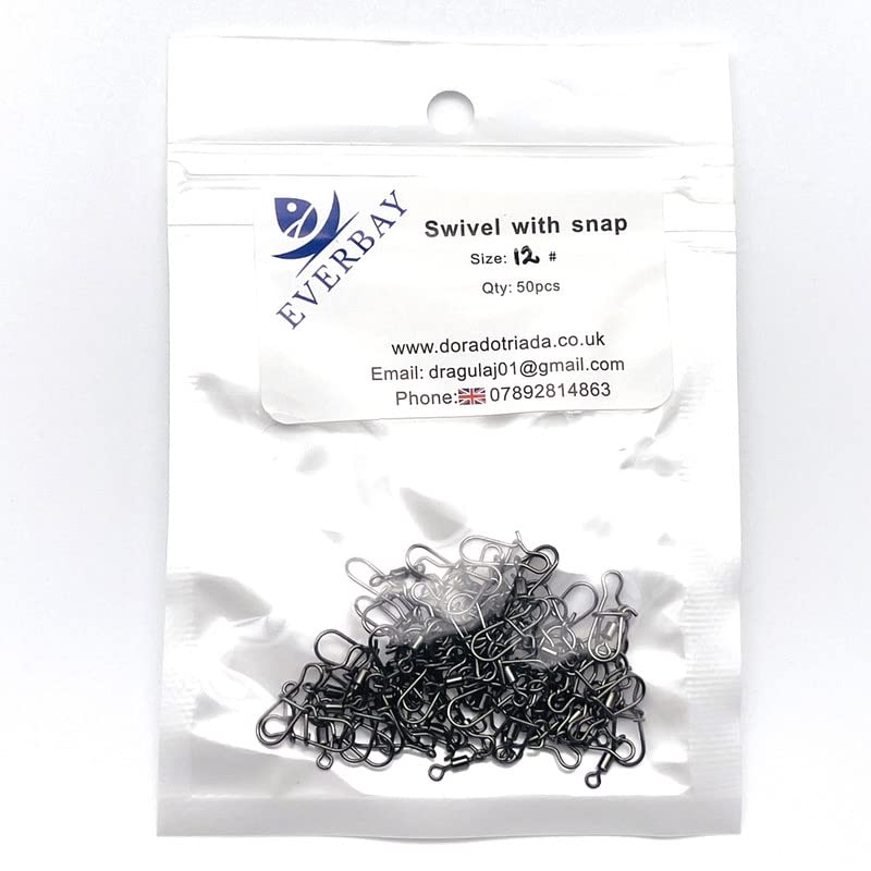 EVERBAY Stainless Steel Rolling Fishing Swivels with Snap Swivel Fishing Line Connectors Hight Strength for Saltwater & Freshwater Fishing accessories - set/50pcs, size 12#