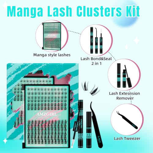 Manga Lash Clusters Kit 144PCS Fairy Eyelash Extension Kits with Lash Bond and Seal, Fake Eyelashes Clusters with Invisible Eyelash Band, Lash Glue Remover and Eyelash Applicator (8-18mm set)