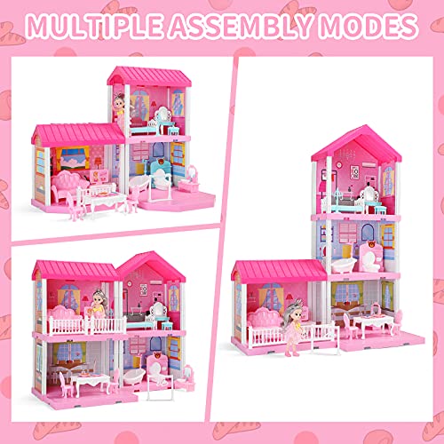 TEMI Dollhouse Dreamhouse with Dolls, DIY Cottage Pretend Play Doll
